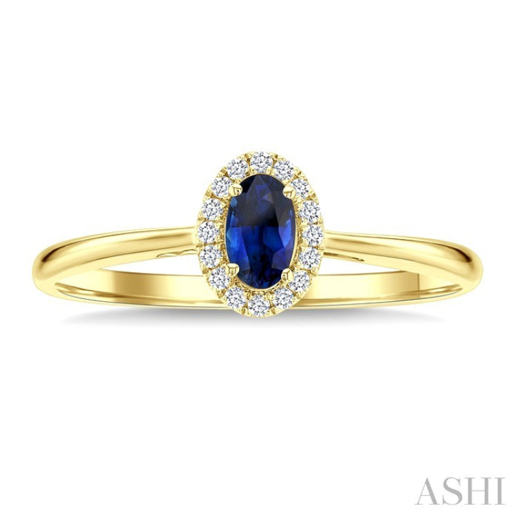 5x3 MM Oval Shape Sapphire and 1/20 Ctw Round Cut Diamond Halo Precious Ring in 10K Yellow Gold