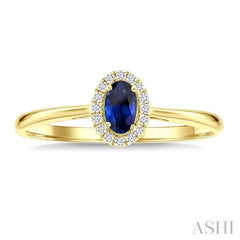 5x3 MM Oval Shape Sapphire and 1/20 Ctw Round Cut Diamond Halo Precious Ring in 10K Yellow Gold