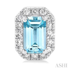 5x3 MM Octagonal Shape Aquamarine and 1/8 Ctw Single Cut Diamond Halo Semi-Precious Stud Earrings in 10K White Gold