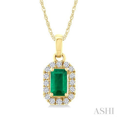 5x3 MM Octagonal Shape Emerald and 1/20 Ctw Round Cut Diamond Halo Precious Pendant with Chain in 10K Yellow Gold