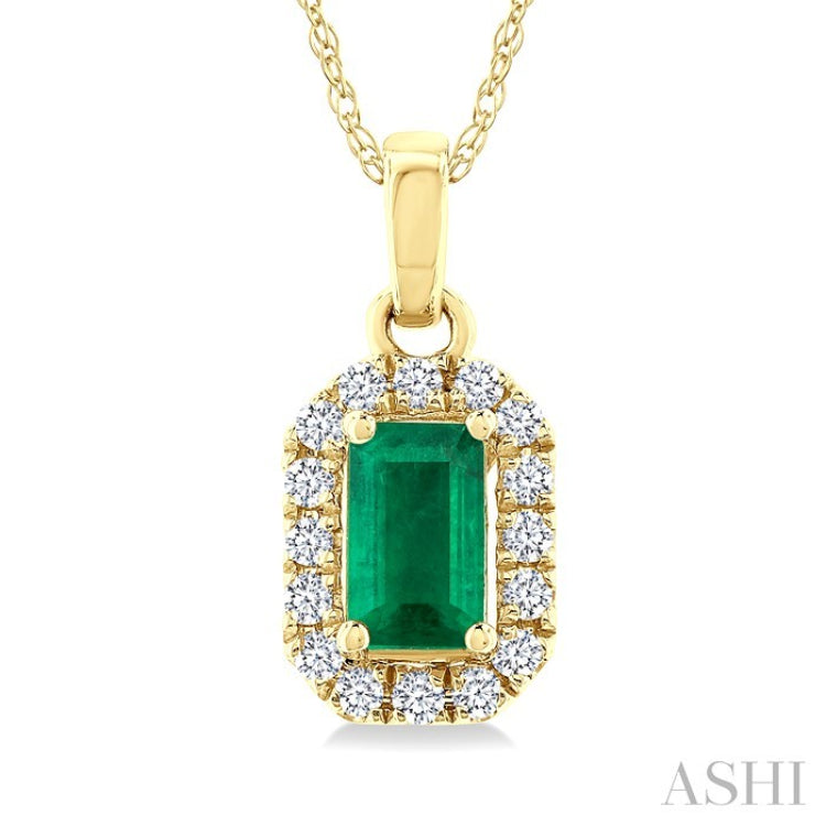 5x3 MM Octagonal Shape Emerald and 1/20 Ctw Round Cut Diamond Halo Precious Pendant with Chain in 10K Yellow Gold