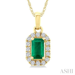 5x3 MM Octagonal Shape Emerald and 1/20 Ctw Round Cut Diamond Halo Precious Pendant with Chain in 10K Yellow Gold