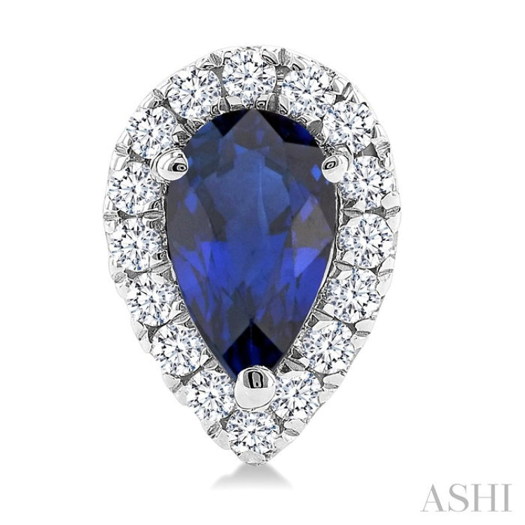 5x3 MM Pear Shape Sapphire and 1/8 Ctw Round Cut Diamond Halo Precious Stud Earrings in 10K White Gold