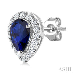 5x3 MM Pear Shape Sapphire and 1/8 Ctw Round Cut Diamond Halo Precious Stud Earrings in 10K White Gold