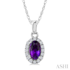 5x3 MM Oval Shape Amethyst and 1/20 Ctw Round Cut Diamond Halo Semi-Precious Pendant with Chain in 10K White Gold