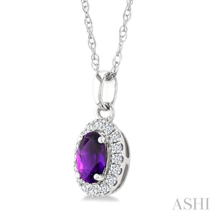 5x3 MM Oval Shape Amethyst and 1/20 Ctw Round Cut Diamond Halo Semi-Precious Pendant with Chain in 10K White Gold