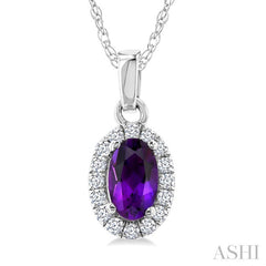 5x3 MM Oval Shape Amethyst and 1/20 Ctw Round Cut Diamond Halo Semi-Precious Pendant with Chain in 10K White Gold