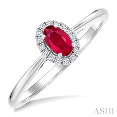 5x3 MM Oval Shape Ruby and 1/20 Ctw Round Cut Diamond Halo Precious Ring in 14K White Gold