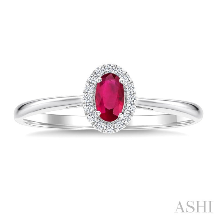 5x3 MM Oval Shape Ruby and 1/20 Ctw Round Cut Diamond Halo Precious Ring in 14K White Gold
