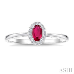 5x3 MM Oval Shape Ruby and 1/20 Ctw Round Cut Diamond Halo Precious Ring in 14K White Gold
