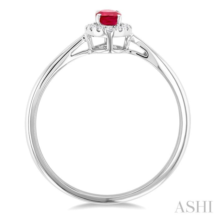 5x3 MM Oval Shape Ruby and 1/20 Ctw Round Cut Diamond Halo Precious Ring in 14K White Gold
