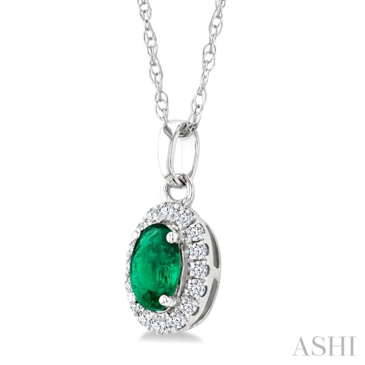 5x3 MM Oval Shape Emerald and 1/20 Ctw Round Cut Diamond Halo Precious Pendant with Chain in 10K White Gold