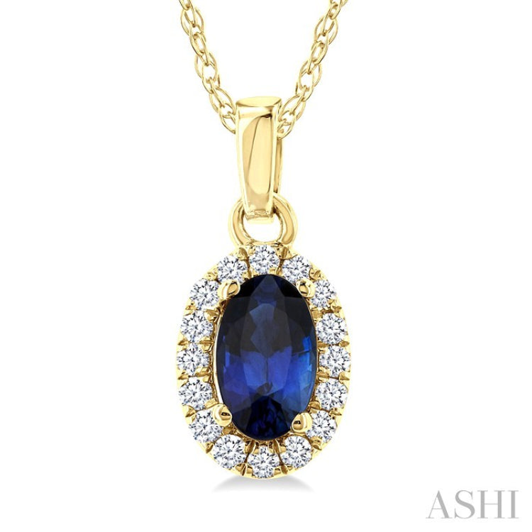 5x3 MM Oval Shape Sapphire and 1/20 Ctw Round Cut Diamond Halo Precious Pendant with Chain in 10K Yellow Gold