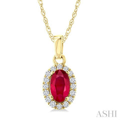 5x3 MM Oval Shape Ruby and 1/20 Ctw Round Cut Diamond Halo Precious Pendant with Chain in 10K Yellow Gold
