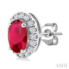 5x3 MM Oval Shape Ruby and 1/8 Ctw Round Cut Diamond Halo Precious Stud Earrings in 10K White Gold