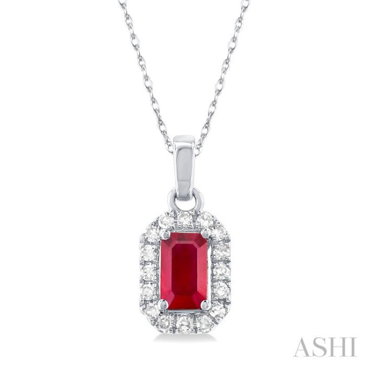 5x3 MM Octagonal Shape Ruby and 1/20 Ctw Single Cut Diamond Halo Precious Pendant with Chain in 10K White Gold