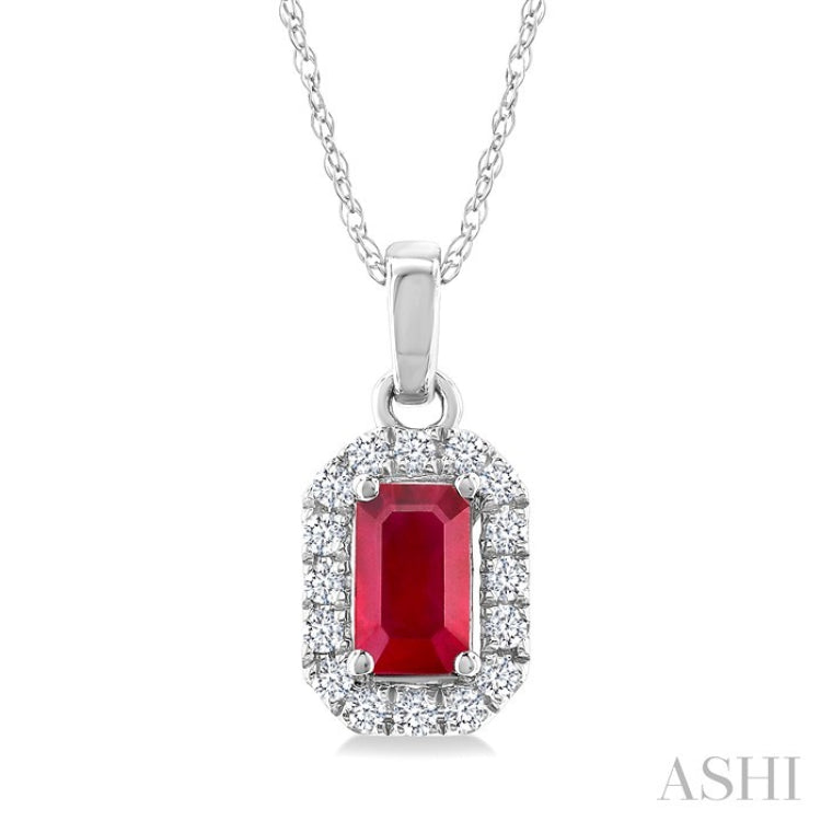 5x3 MM Octagonal Shape Ruby and 1/20 Ctw Round Cut Diamond Halo Precious Pendant with Chain in 10K White Gold