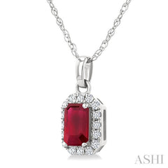 5x3 MM Octagonal Shape Ruby and 1/20 Ctw Round Cut Diamond Halo Precious Pendant with Chain in 10K White Gold