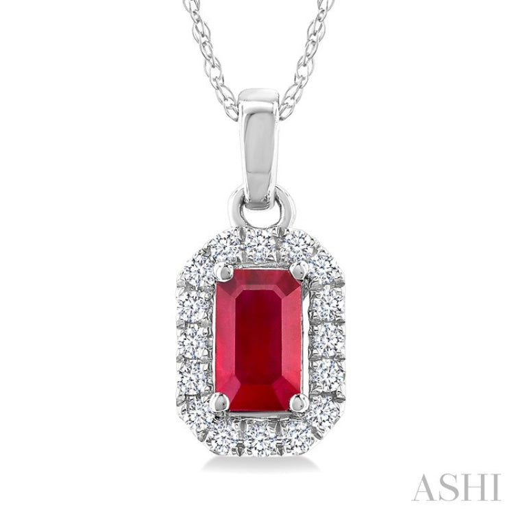 5x3 MM Octagonal Shape Ruby and 1/20 Ctw Round Cut Diamond Halo Precious Pendant with Chain in 10K White Gold