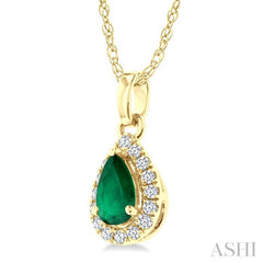 5x3 MM Pear Shape Emerald and 1/20 Ctw Round Cut Diamond Halo Precious Pendant with Chain in 10K Yellow Gold