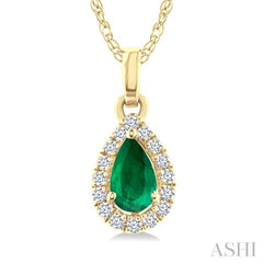 5x3 MM Pear Shape Emerald and 1/20 Ctw Round Cut Diamond Halo Precious Pendant with Chain in 10K Yellow Gold