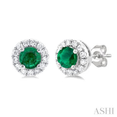 3.25 MM Round Emerald and 1/10 Ctw Single Cut Diamond Halo Precious Stud Earrings in 14K White Gold