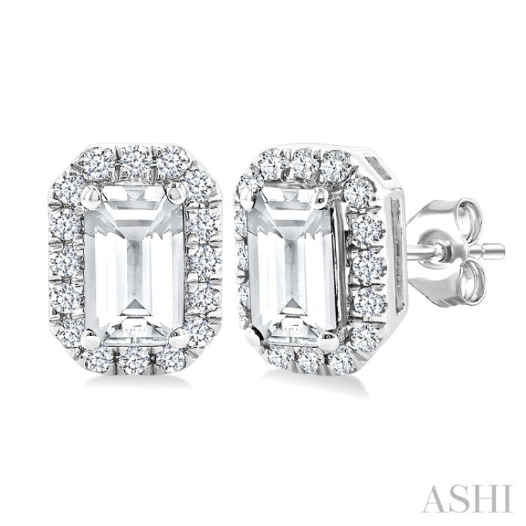 5x3 MM Octagonal Shape White Topaz and 1/8 Ctw Round Cut Diamond Halo Semi-Precious Stud Earrings in 10K White Gold