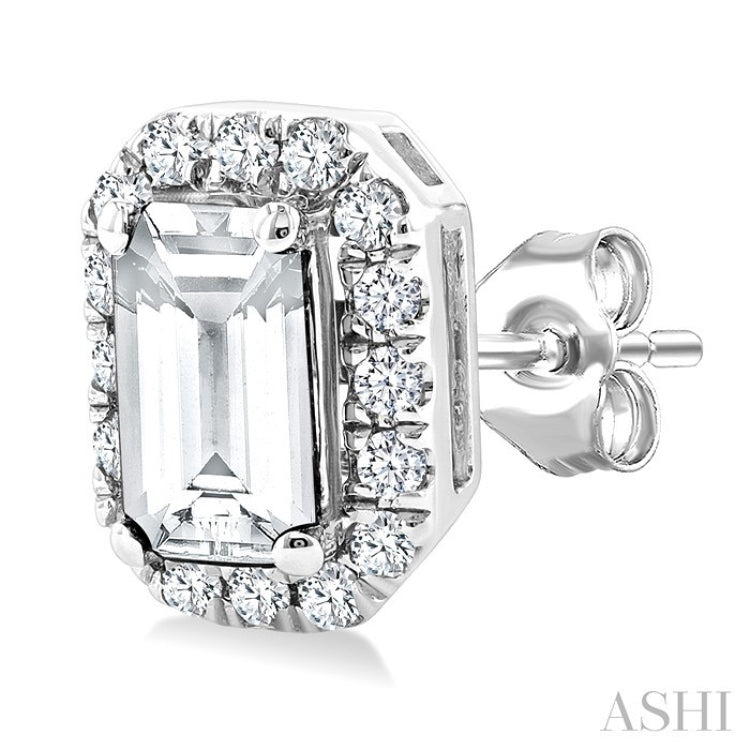5x3 MM Octagonal Shape White Topaz and 1/8 Ctw Round Cut Diamond Halo Semi-Precious Stud Earrings in 10K White Gold