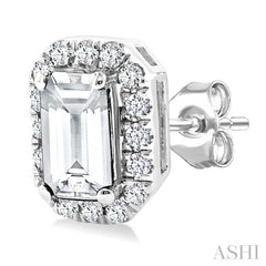 5x3 MM Octagonal Shape White Topaz and 1/8 Ctw Round Cut Diamond Halo Semi-Precious Stud Earrings in 10K White Gold
