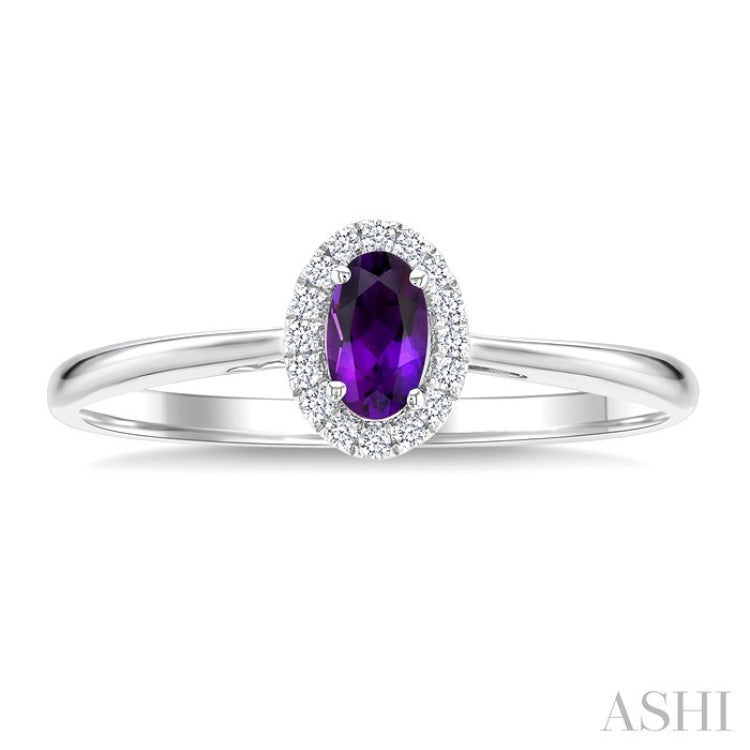 5x3 MM Oval Shape Amethyst and 1/20 Ctw Round Cut Diamond Halo Semi-Precious Ring in 14K White Gold