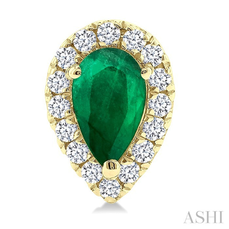5x3 MM Pear Shape Emerald and 1/8 Ctw Round Cut Diamond Halo Precious Stud Earrings in 10K Yellow Gold