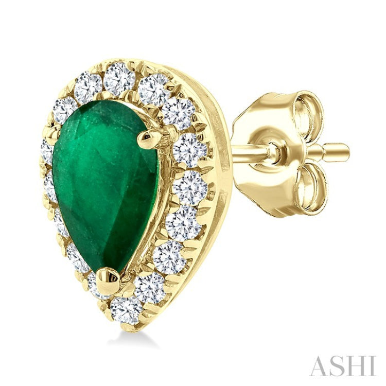 5x3 MM Pear Shape Emerald and 1/8 Ctw Round Cut Diamond Halo Precious Stud Earrings in 10K Yellow Gold