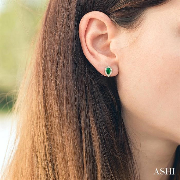 5x3 MM Pear Shape Emerald and 1/8 Ctw Round Cut Diamond Halo Precious Stud Earrings in 10K Yellow Gold
