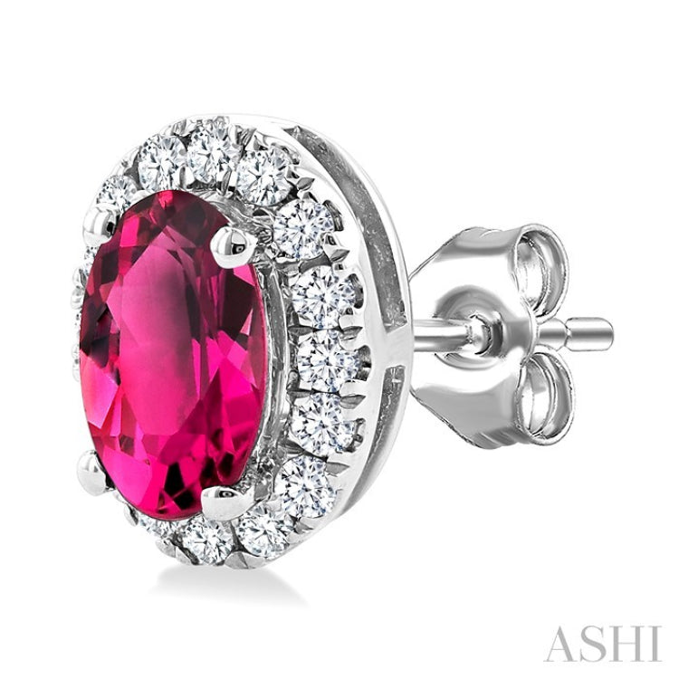 5x3 MM Oval Shape Pink Tourmaline and 1/8 Ctw Round Cut Diamond Halo Semi-Precious Stud Earrings in 14K White Gold
