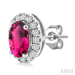 5x3 MM Oval Shape Pink Tourmaline and 1/8 Ctw Round Cut Diamond Halo Semi-Precious Stud Earrings in 14K White Gold