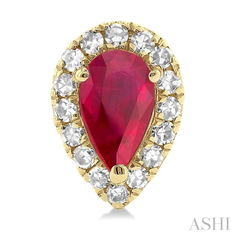 5x3 MM Pear Shape Ruby and 1/8 Ctw Single Cut Diamond Halo Precious Stud Earrings in 10K Yellow Gold