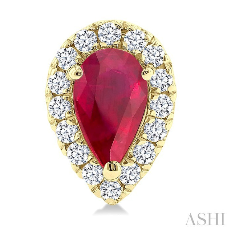 5x3 MM Pear Shape Ruby and 1/8 Ctw Round Cut Diamond Halo Precious Stud Earrings in 10K Yellow Gold