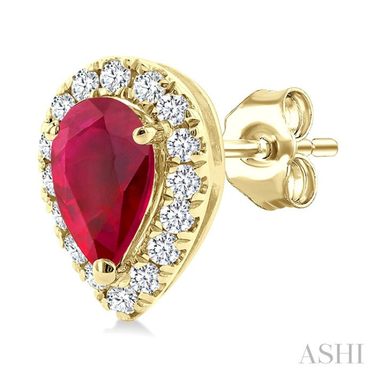 5x3 MM Pear Shape Ruby and 1/8 Ctw Round Cut Diamond Halo Precious Stud Earrings in 10K Yellow Gold