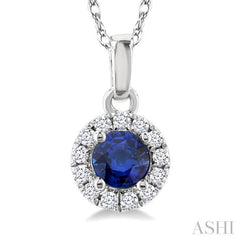 3.25 MM Round Sapphire and 1/20 Ctw Round Cut Diamond Halo Precious Pendant with Chain in 10K White Gold
