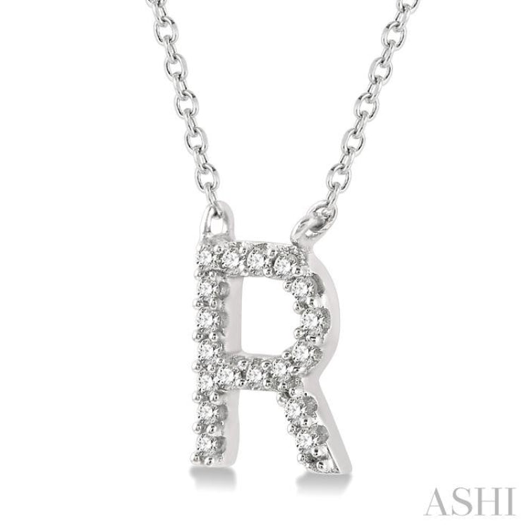 1/20 Ctw Initial 'R' Round Cut Diamond Pendant With Chain in 10K White Gold