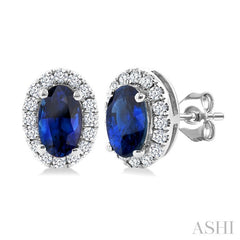 5x3 MM Oval Shape Sapphire and 1/8 Ctw Round Cut Diamond Halo Precious Stud Earrings in 10K White Gold