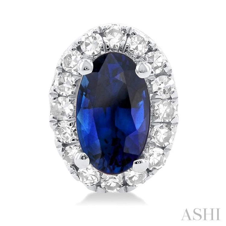 5x3 MM Oval Shape Sapphire and 1/8 Ctw Single Cut Diamond Halo Precious Stud Earrings in 10K White Gold