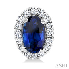 5x3 MM Oval Shape Sapphire and 1/8 Ctw Round Cut Diamond Halo Precious Stud Earrings in 10K White Gold