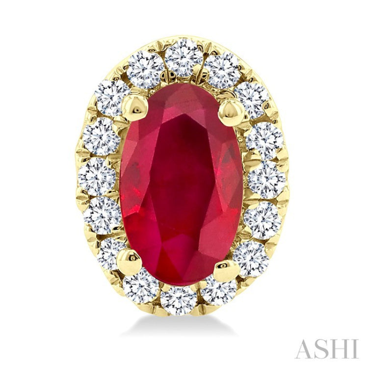 5x3 MM Oval Shape Ruby and 1/8 Ctw Round Cut Diamond Halo Precious Stud Earrings in 10K Yellow Gold