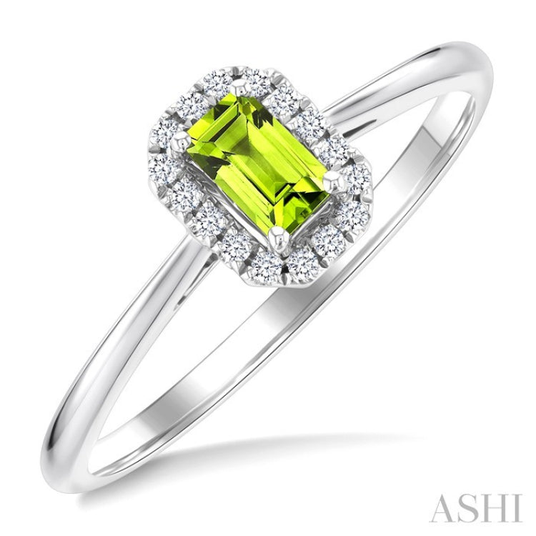 5x3 MM Octagonal Shape Peridot and 1/20 Ctw Round Cut Diamond Halo Semi-Precious Ring in 10K White Gold