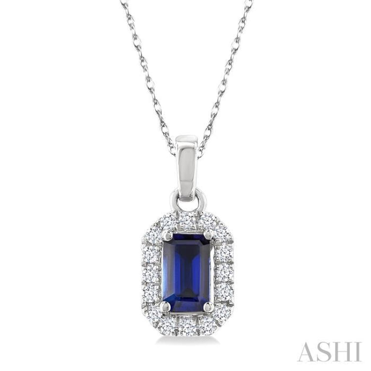 5x3 MM Octagonal Shape Sapphire and 1/20 Ctw Single Cut Diamond Halo Precious Pendant with Chain in 10K White Gold