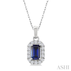 5x3 MM Octagonal Shape Sapphire and 1/20 Ctw Single Cut Diamond Halo Precious Pendant with Chain in 10K White Gold