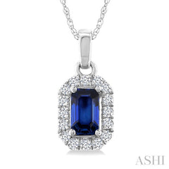 5x3 MM Octagonal Shape Sapphire and 1/20 Ctw Round Cut Diamond Halo Precious Pendant with Chain in 10K White Gold