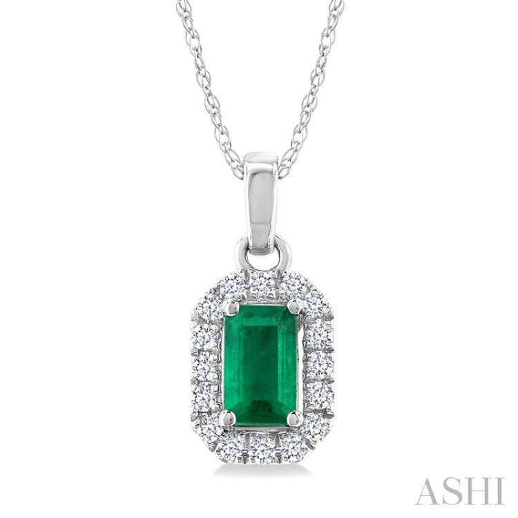 5x3 MM Octagonal Shape Emerald and 1/20 Ctw Round Cut Diamond Halo Precious Pendant with Chain in 10K White Gold