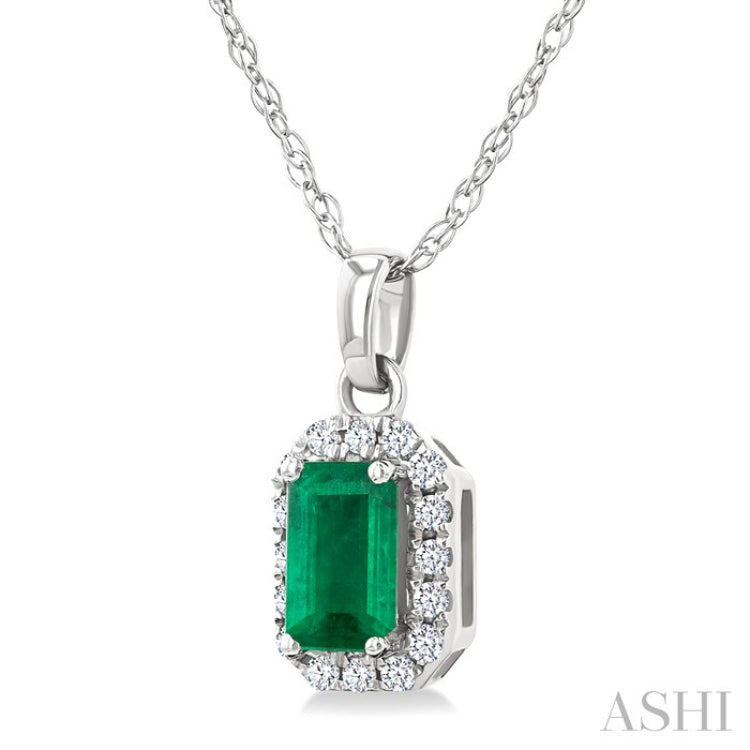 5x3 MM Octagonal Shape Emerald and 1/20 Ctw Round Cut Diamond Halo Precious Pendant with Chain in 10K White Gold